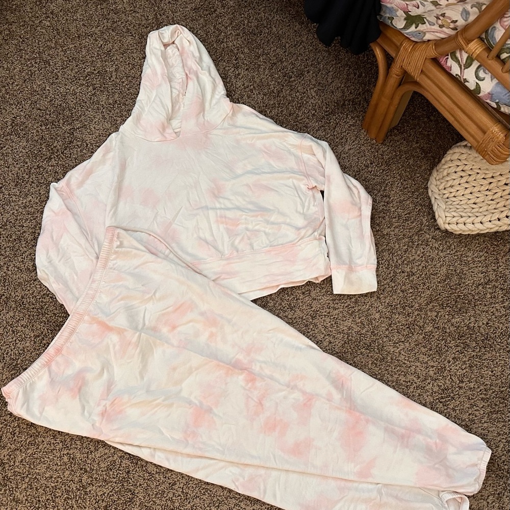 Aerie Offline medium cozy cropped tie dye pink hoodie & sweat pants sz XL